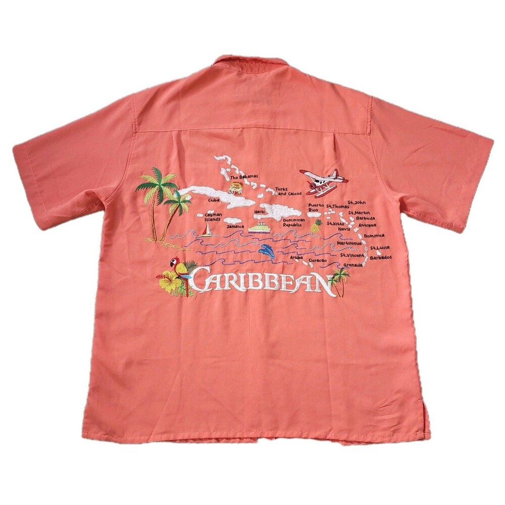 Spicy Tuna Embroidered Caribbean Sz Medium Pale Peach Button Up Short Sleeve